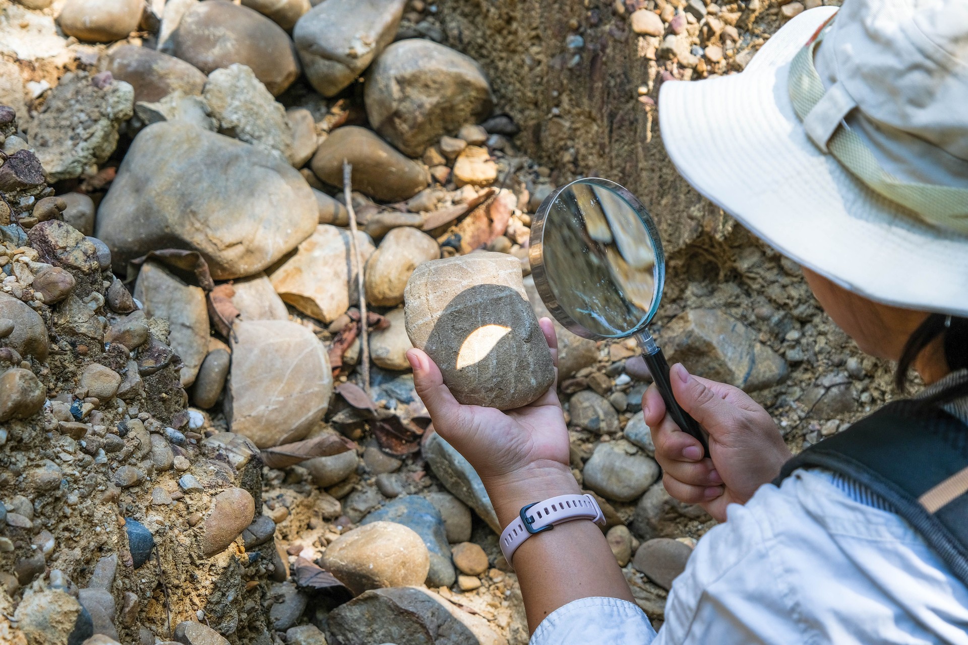 Female geologist using a magnifying glass examines nature, analyzing rocks or pebbles. Researchers collect samples of biological materials. Environmental and ecology research.